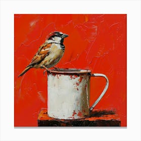 Sparrow On A Mug Canvas Print