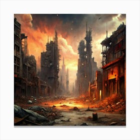 Post Apocalyptic Cityscape With Burning Street Canvas Print