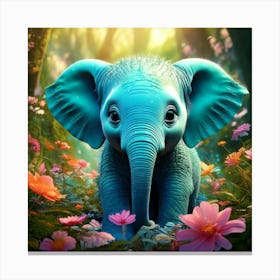 Firefly Adorable Turquoise Baby Elephant In A Magical Flowered Forest 22028 (2) Canvas Print