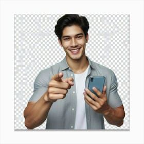 Young Man Pointing At His Phone Canvas Print