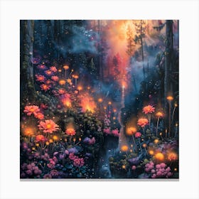 Fireflies In The Forest, In Warm Colors, Impressionism, Surrealism Canvas Print