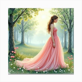 Romantic Gown Watercolor, With A Misty Morning Forest View 1 Canvas Print