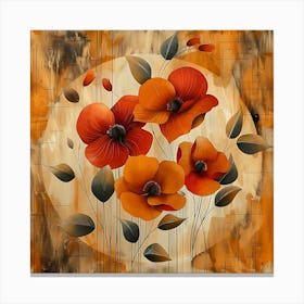 Abstract Painting Of Orange Poppies In A Circular Frame On A Textured Background Canvas Print