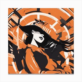 A Silhouette Of A Man Wearing A Black Hat And Laying On Her Back On A Orange Screen, In The Style Of (1) Canvas Print