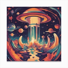 A Retro Style People Space, With Colorful Exhaust Flames And Stars In The Background 3 Canvas Print