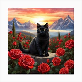 Black Cat With Roses 2 Canvas Print