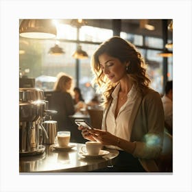 Modern Woman Engages With A Sleek Smartphone At A Bustling Coffee Shop Surrounded By The Hazy Glow (5) Canvas Print