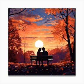 Couple Sitting On Bench In Autumn Canvas Print