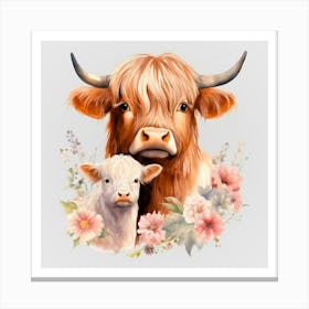 Watercolor Spring Mama And Baby Highland Cows Canvas Print