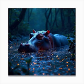 A Hippopotamus Submerged In A Neon Lit Swamp, With Glowing Algae Surrounding It Canvas Print