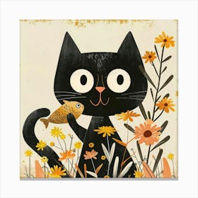 Black Cat With Fish 3 Canvas Print