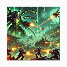 A Sci Fi Battle Scene In A Chaotic Battlefield Dom Toile