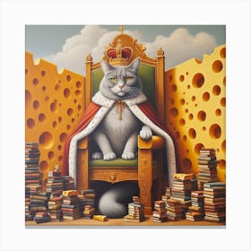A Classic and Surreal Painting of a Giant Cat in a Royal Outfit, Surrounded by Cheese and Books Canvas Print