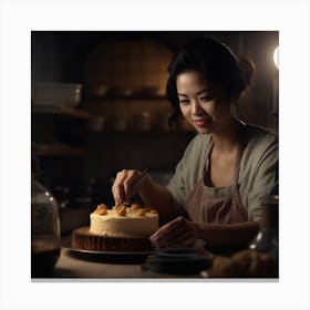 Asian Woman Preparing A Cake Canvas Print