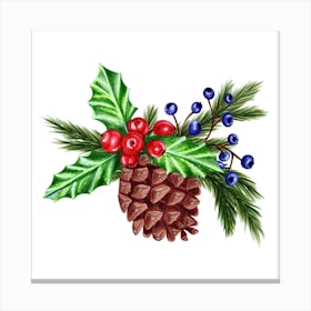 Pine Cone with Pine Branches, Berries and Mistletoe Canvas Print