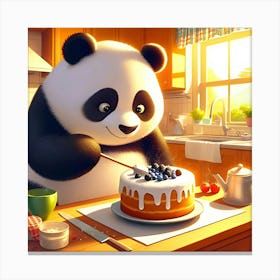 A Panda Bear Baking A Cake In A Sunny Kitchen, Digital Art 3 Canvas Print