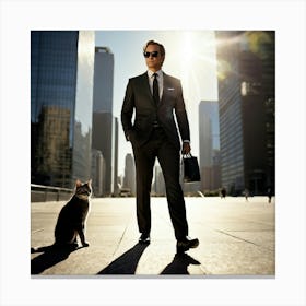 Businessman Wearing Sunglasses Accompanied By A Cat Playing At His Feet Downtown Skyscrapers Loomin (3) Canvas Print