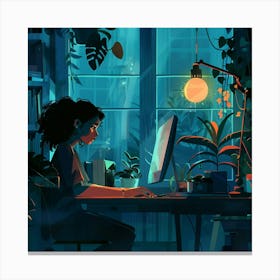 Portrait Of A Girl Working At Her Computer Canvas Print