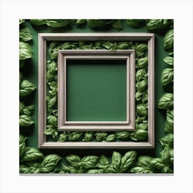 Frame With Basil Leaves On Green Background Canvas Print