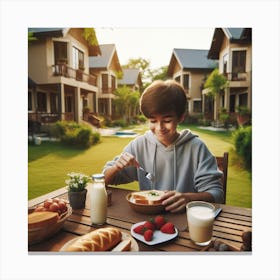 Boy Eating Breakfast At Home Canvas Print