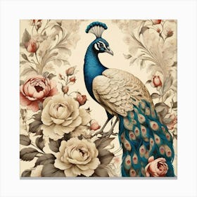 Cream Vintage Floral Peacock Wallpaper Art Print 1 Canvas Print