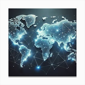 Global Connections: A Futuristic World Map with Glowing Lines and Nodes Representing Digital Networks Canvas Print