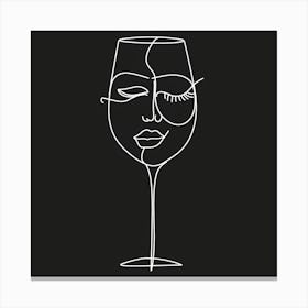 White One Line Art Drawing Of Abstract Wine Glass On Black Background Canvas Print