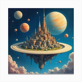 A Watercolor Alien City Built On A Planet Ring Surrounded By Stars And Moons 1 Canvas Print