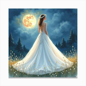 Beautiful Gown Watercolor, Surrounded By A Dreamy Moonlit Scene 1 Canvas Print