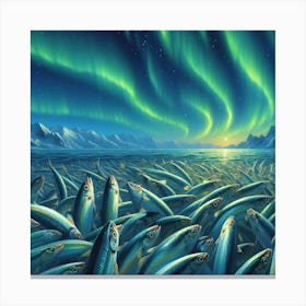 Sardines Dancing Under The Northern Lights In The Arctic Ocean, Style Realistic Oil Painting Canvas Print