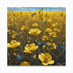 Yellow Flowers In Field With Blue Sky Trending On Artstation Sharp Focus Studio Photo Intricate Canvas Print