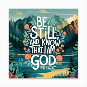 Bible Verse, Psalms 46:10; Be Still And Know That I Am God, Christian Art, Mountains, Lake, Flowers, Vibrant Canvas Print