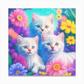 Three Kittens In Flowers Canvas Print