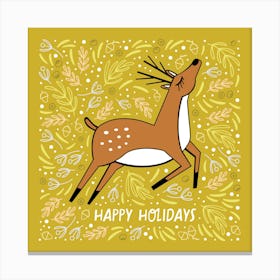 Christmas Deer Yellow Square Illustrated Canvas Print