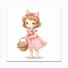 Watercolor Baby Girl In A Pink Dress Holding A Basket Of Flowers Canvas Print