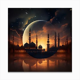 Moon And Mosque At Night Canvas Print