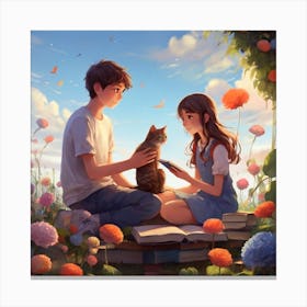 Girl Reading A Book With Cat 1 Canvas Print