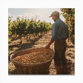 Farmer Picking Oranges In An Orchard Canvas Print