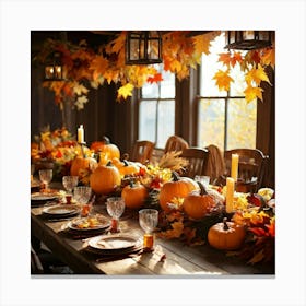 Autumn Table Decor Sprawling Across A Rustic Wooden Table Scattered Bright Orange Pumpkins Accompan (4) Canvas Print