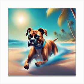 A dog boxer swimming in beach and palm trees 7 Canvas Print