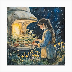 Girl In A Garden Alien Gardener Watercolor Painting Canvas Print