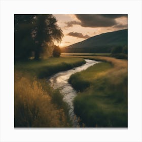 A Valley With A River, Trees, And Grass Under A Cl Esrgan Canvas Print