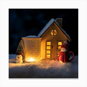 Firefly Cup, Cozy, Miniature, House, Illuminated, Windows, Snowy, Landscape, Snowman, Winter, Warmth (2) Canvas Print