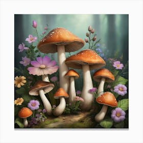 Mushrooms And Flowers Art Print 1 Canvas Print