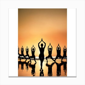 Silhouettes Of People Doing Yoga At Sunset Canvas Print