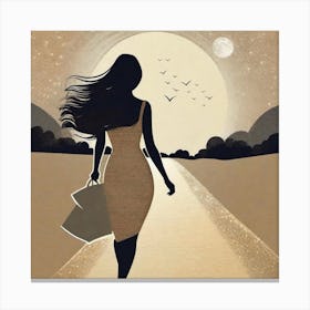 Woman Walking Down The Road, moon, birds, flowing hair  Canvas Print