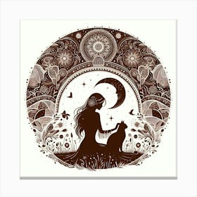 Boho art Silhouette of woman with cat 2 Canvas Print