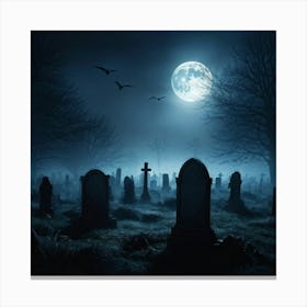 Full Moon Casting An Eerie Glow Over A Cemetery Gravestones Crooked With Names Worn By Time Mist C (6) Canvas Print