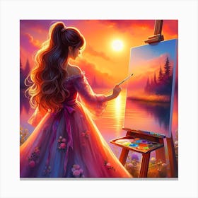 girl is painting sunset Canvas Print