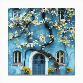 Blue House With Flowers Canvas Print